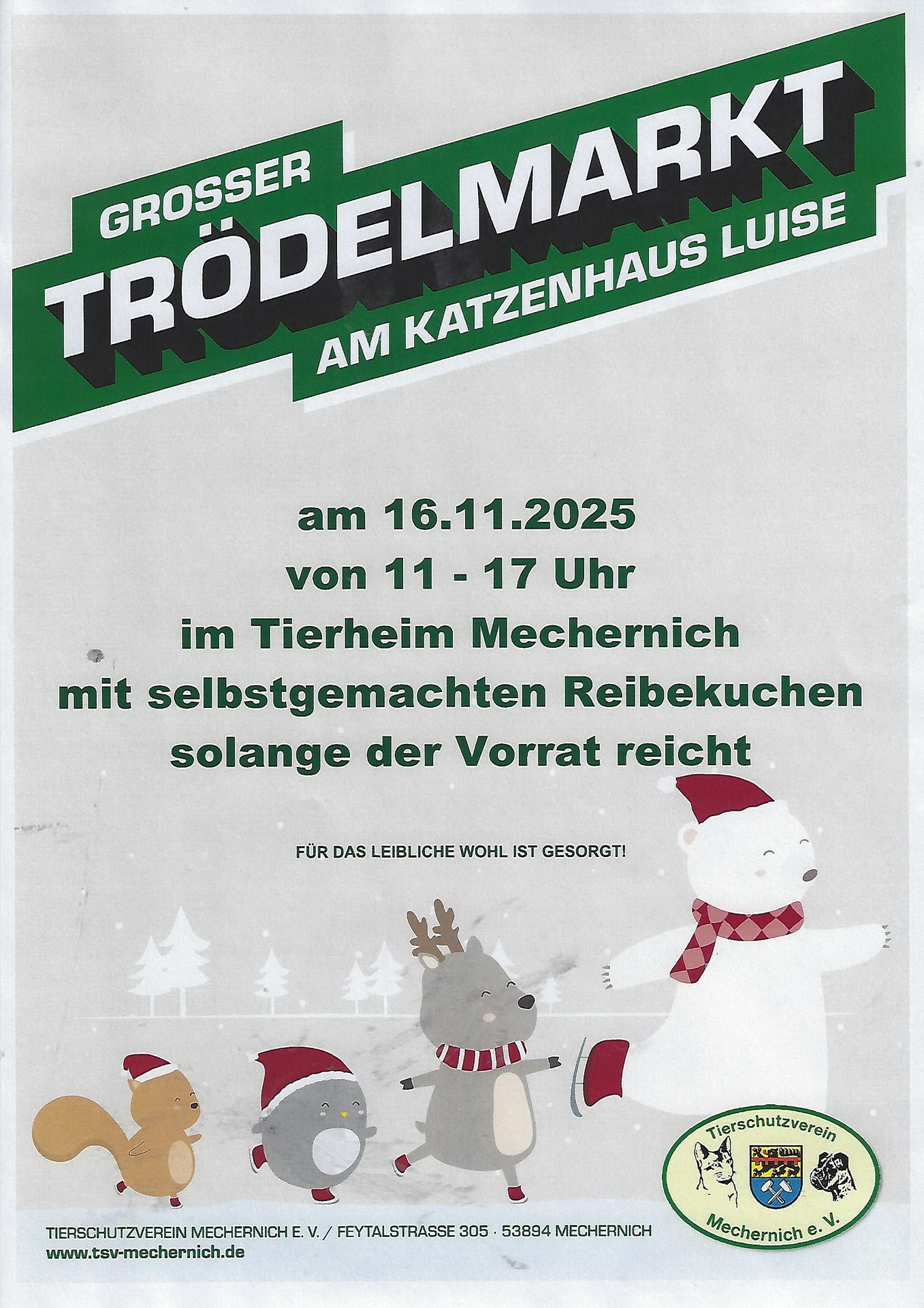 Mit diesem Plakat bewirbt der Tierschutzverein Mechernich seinen nächsten Trödelmarkt am Tierheim Burgfey. (c) Repro: Reiner Bauer/pp/Agentur ProfiPress