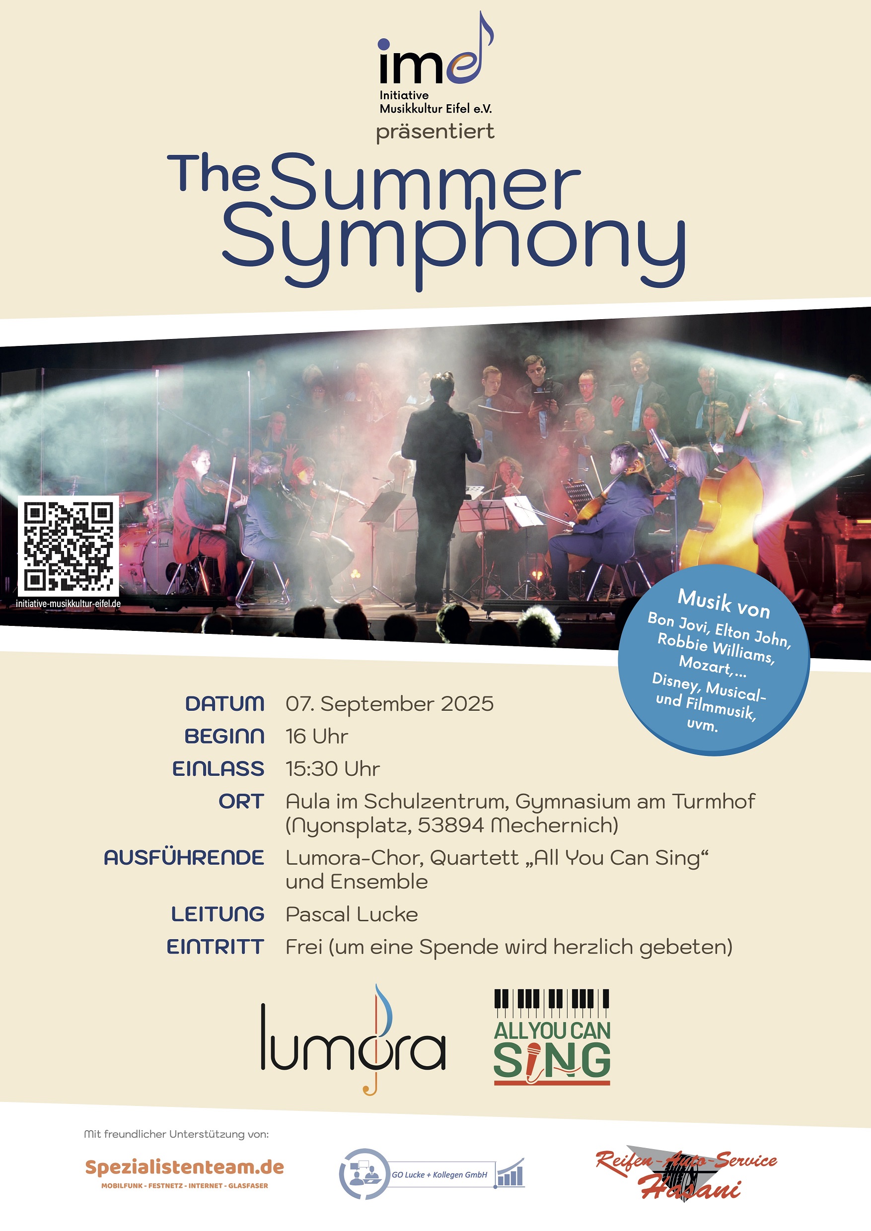 „Ein außergewöhnliches Konzert, das Grenzen zwischen Genres und Epochen überschreitet“ soll es werden: „The Summer Symphony“ am 7. September in der Aula des Mechernicher Schulzentrums. (c) Grafik: Initiative Musikkultur Eifel e.V./pp/Agentur ProfiPress