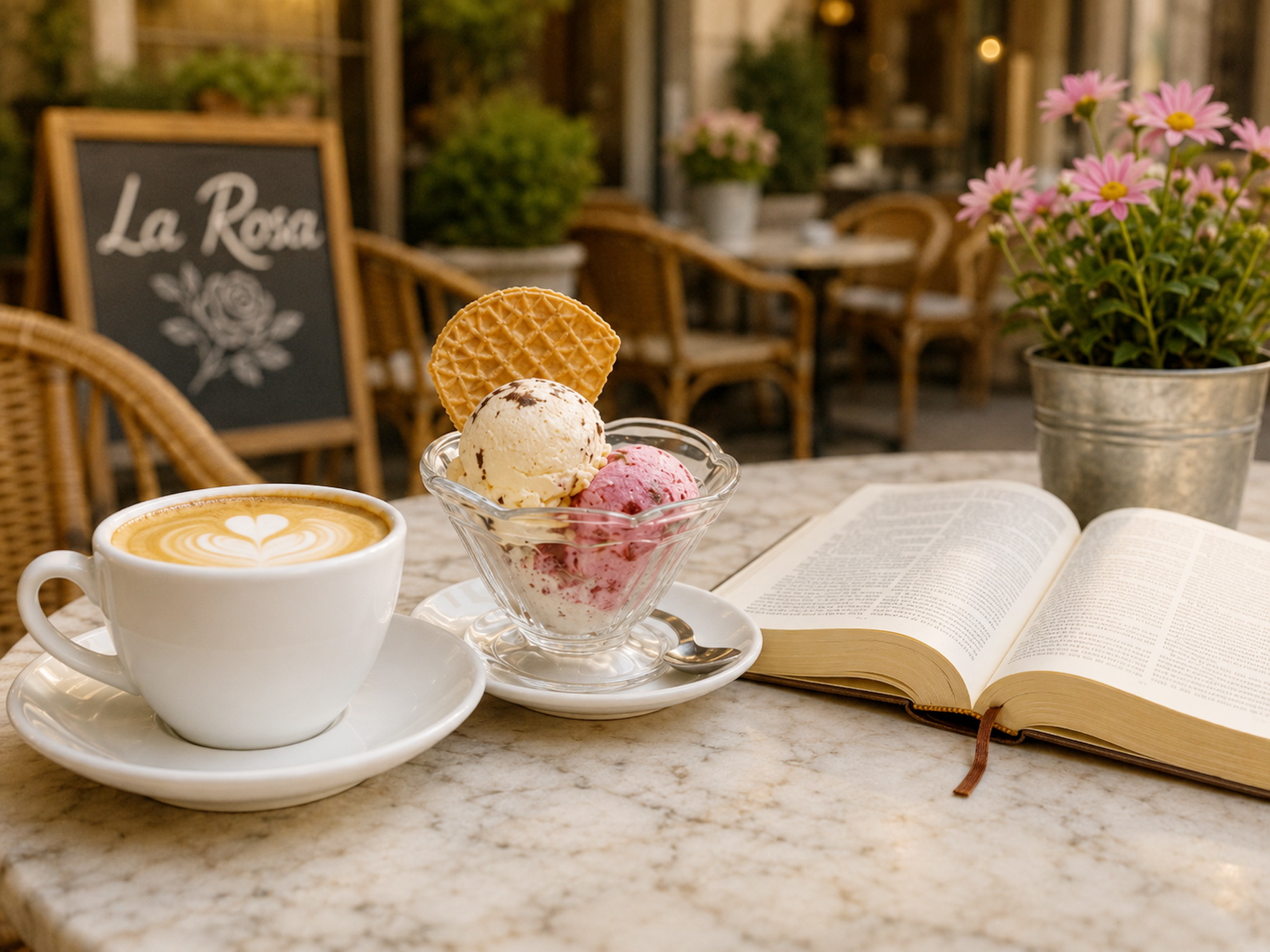 Cappuccino, Eis und Bibel liegen in den Sommerferien 2026 in Mechernicher ganz nahe beieinander: Der Pastorale Raum St. Barbara lädt ab Mittwoch, 22. Juli, um 19 Uhr an sechs Mittwochabenden in die Eisdiele „La Rosa“, Bahnstraße 16, zu Gesprächen über Gott und den Glauben ein. (c) Foto: KI-generiertes Symbolbild/pp/Agentur ProfiPress