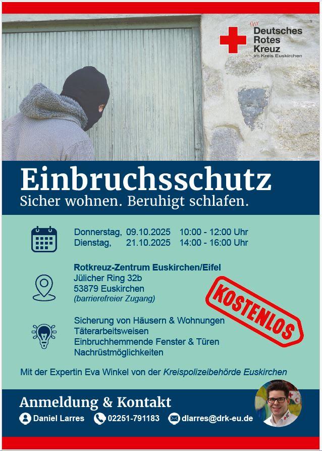 Kostenlos und barrierefrei ist die Info-Veranstaltung im Rotkreuz-Zentrum in Euskirchen, bei der eine Expertin der Polizei über Täterarbeitsweisen sowie die Sicherung von Häusern und Wohnungen informiert.