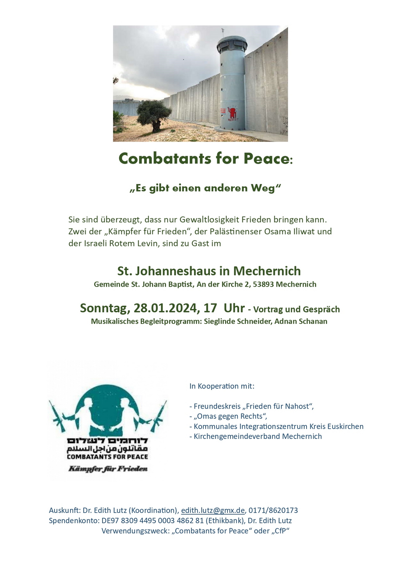 Mit diesem Plakat werben die Veranstalter für viele interessierte Teilnehmer. (c) Grafik: Combatants for Peace/pp/Agentur ProfiPress