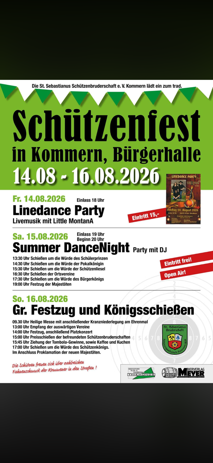 Die St.-Sebastianus-Schützenbruderschaft lädt von Freitag, 14. August, bis Sonntag, 16. August, zum traditionellen Schützenfest rund um die Bürgerhalle ein. (c) Flyer: St.-Sebastianus-Schützenbruderschaft Kommern/pp/Agentur ProfiPress