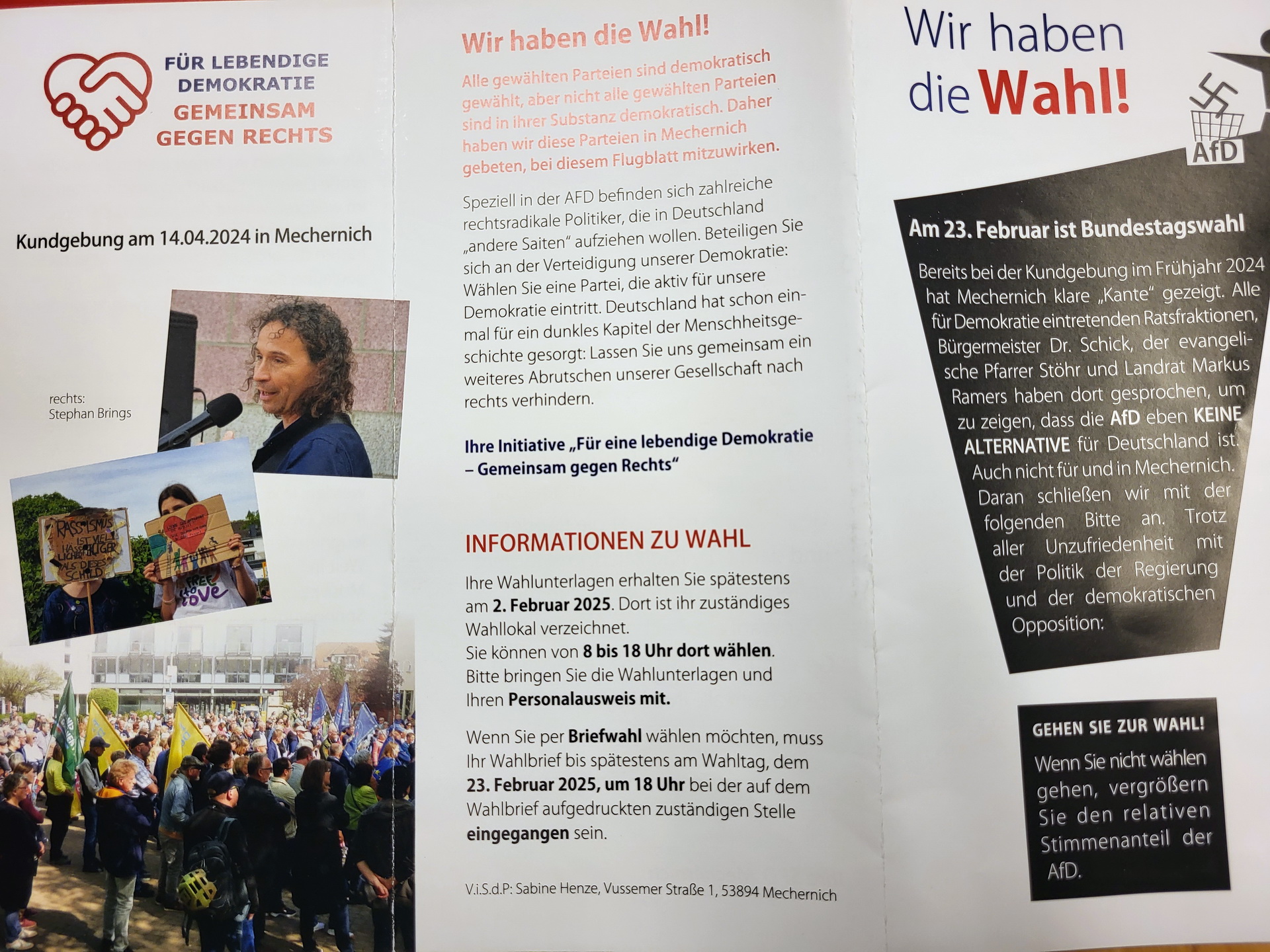 Das Titelblatt jenes Flyers, den die Initiative „Für lebendige Demokratie - Gemeinsam gegen Rechts“ mit gemeinsamen Appellen von CDU, SPD, Bündnis 90/Die Grünen, FDP und UWV am Wochenende an die Mechernicher Haushalte verteilt hat. Sie setzen sich für eine hohe Wahlbeteiligung und gegen Stimmen für die „AfD“ ein. (c) Repro: Manfred Lang/pp/Agentur ProfiPress