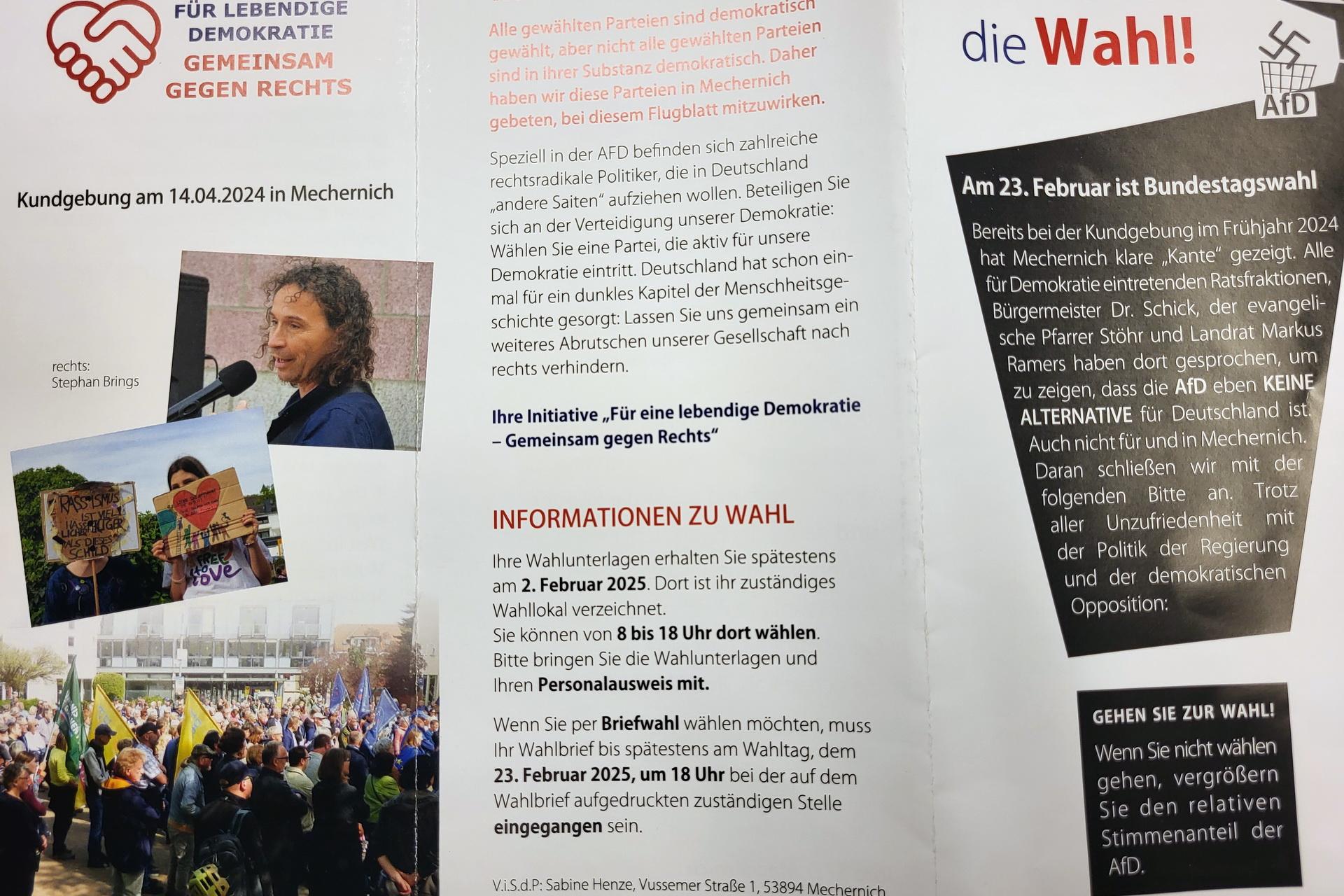 Das Titelblatt jenes Flyers, den die Initiative „Für lebendige Demokratie - Gemeinsam gegen Rechts“ mit gemeinsamen Appellen von CDU, SPD, Bündnis 90/Die Grünen, FDP und UWV am Wochenende an die Mechernicher Haushalte verteilt hat. Sie setzen sich für eine hohe Wahlbeteiligung und gegen Stimmen für die „AfD“ ein.