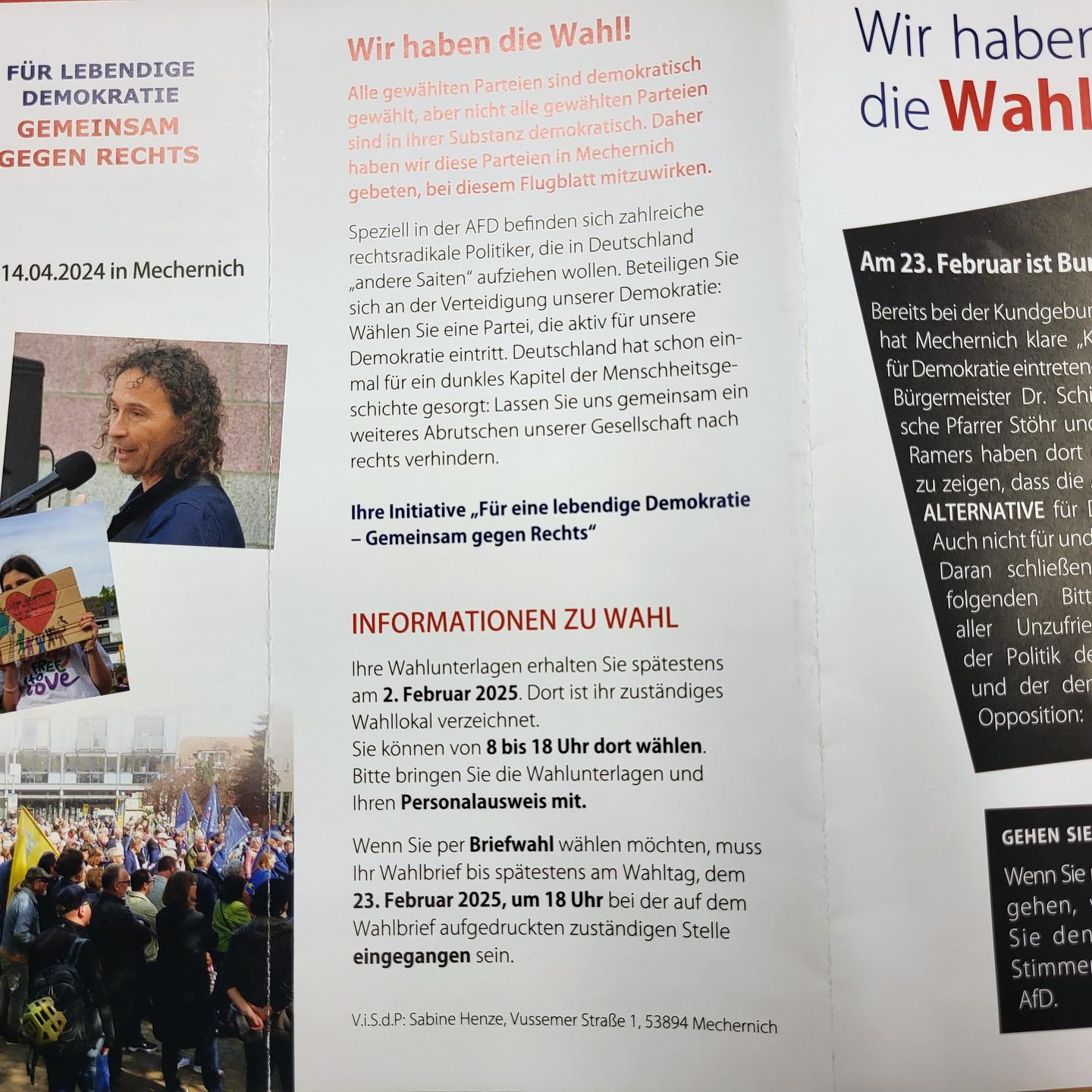 Das Titelblatt jenes Flyers, den die Initiative „Für lebendige Demokratie - Gemeinsam gegen Rechts“ mit gemeinsamen Appellen von CDU, SPD, Bündnis 90/Die Grünen, FDP und UWV am Wochenende an die Mechernicher Haushalte verteilt hat. Sie setzen sich für eine hohe Wahlbeteiligung und gegen Stimmen für die „AfD“ ein.