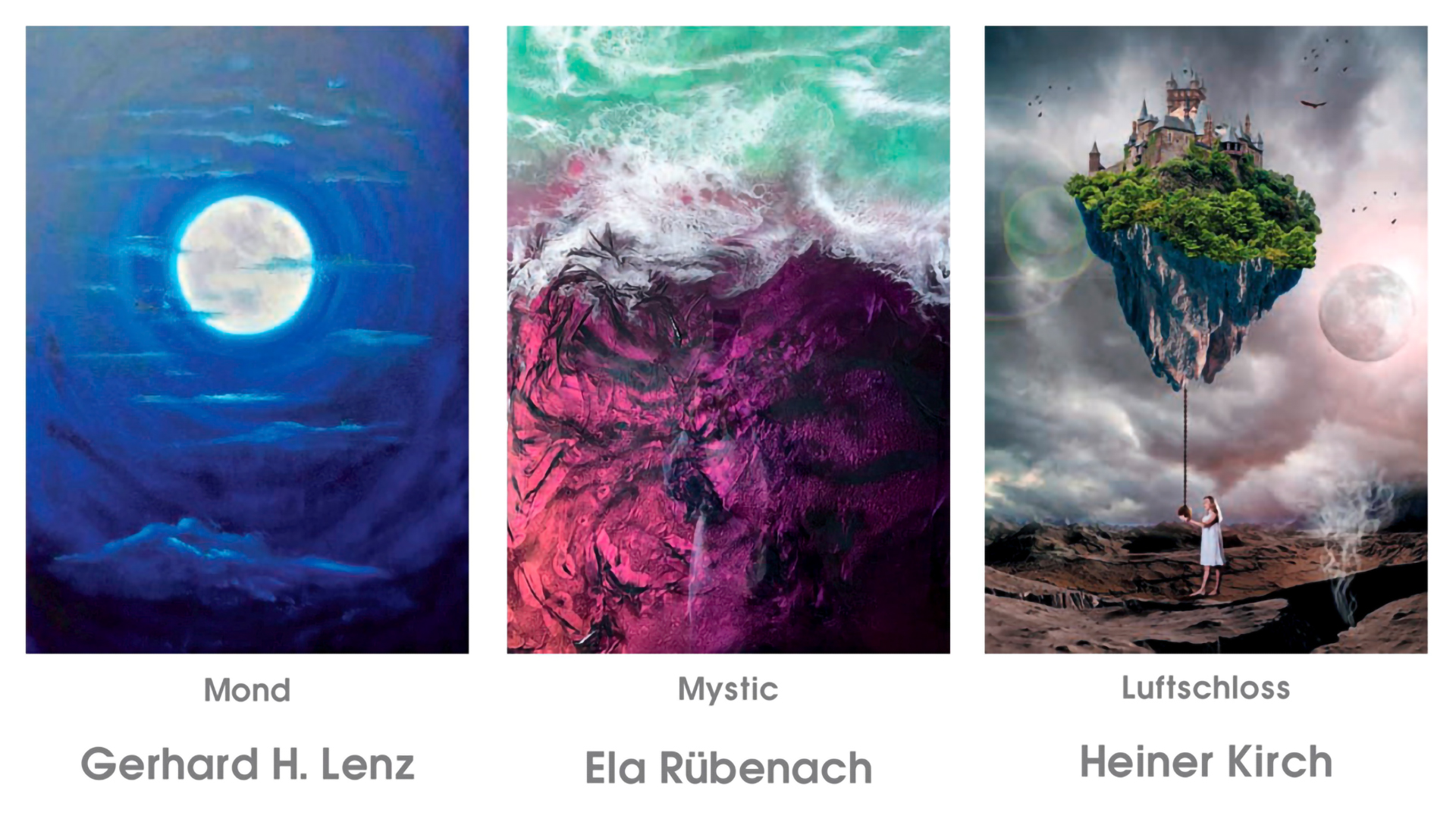 Diese drei Werke der Künstler Gerhard Lenz, Ela Rübenach und Heiner Kirch zieren die Einladung zur Vernissage in der Galerie im Rathaus mit dem Titel „Korridor der Träume“. Die findet statt am Freitag, 16. Januar, um 18.30 Uhr im Mechernicher Rathaus. (c) Grafik: Stadt Mechernich/pp/Agentur ProfiPress