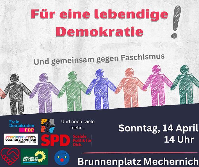 Die „Mechernicher Bürgerinitiative für lebendige Demokratie“ lädt am Sonntag, 14. April, von 14 bis 16 Uhr zu einer Demo für Demokratie und gegen Faschismus auf den Brunnenplatz ein.