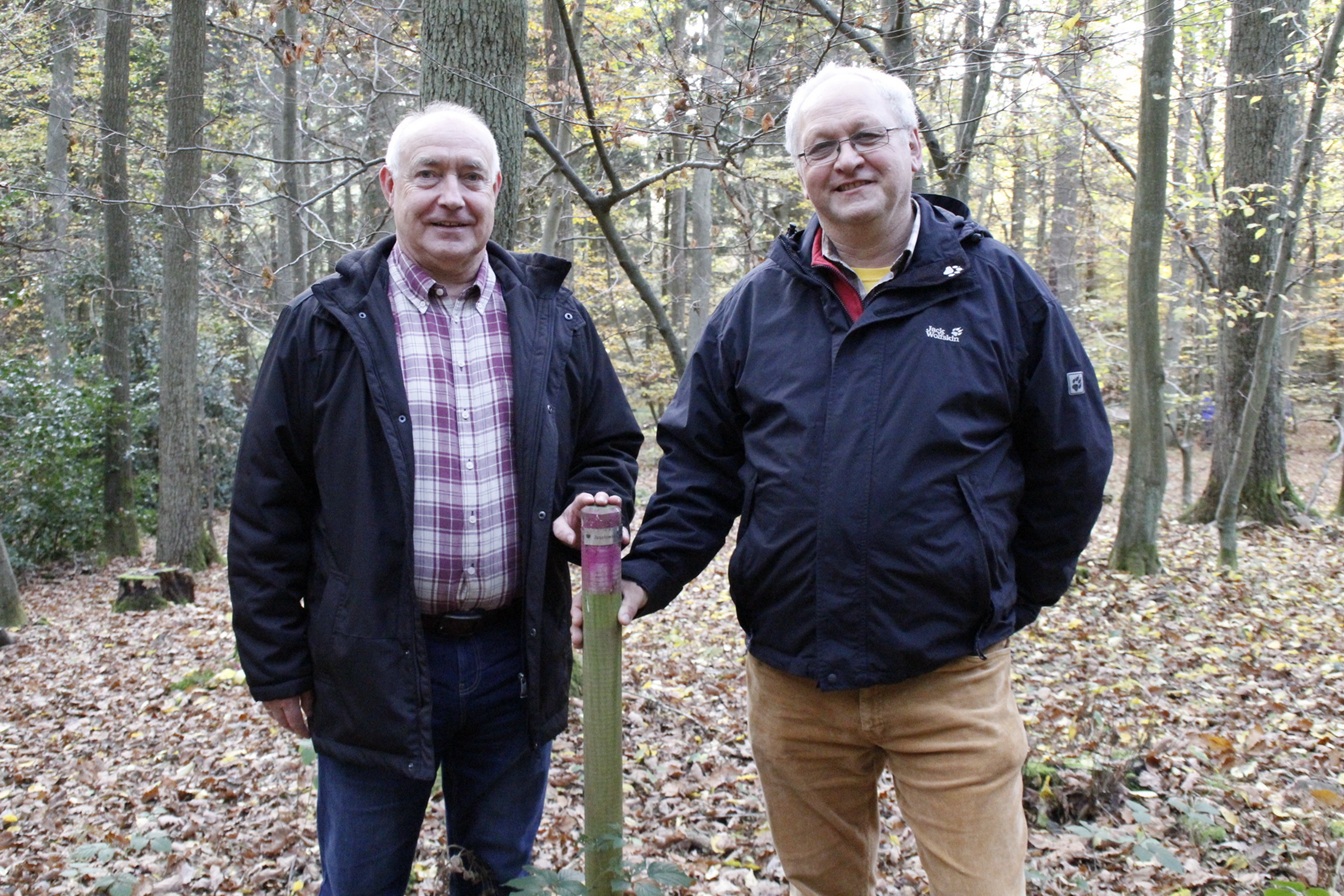 Im Gotteswald: Helmut Müller vom Kirchenvorstand St. Willibrordus, Nöthen, (r.) und der frühere Rendant Berti Jannes. (c) Archivfoto: pp/Agentur ProfiPress