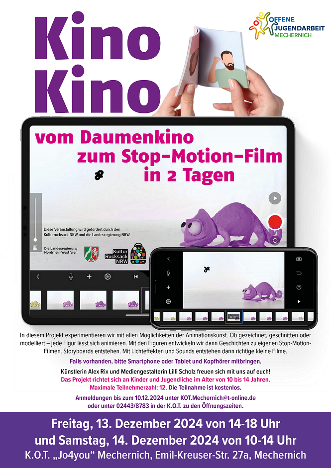 Der kostenlose Workshop „KinoKino - vom Daumenkino zum Stop-Motion-Film“ für Kids findet am 13. und 14. Dezember in Mechernich statt. (c) Grafik: K.O.T. Jo4you Mechernich/pp/Agentur ProfiPress