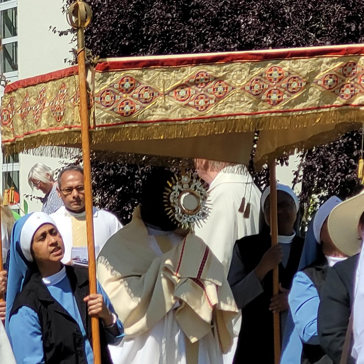 Der ugandische Priester Patrick Mwanguhya trägt das Allerheiligste in der Monstranz, indische Samaritan-Ordensschwestern tragen den „Himmel“, im Hintergrund Pfarrer Erik Pühringer und Generalsuperior Jaison Thazhathil.