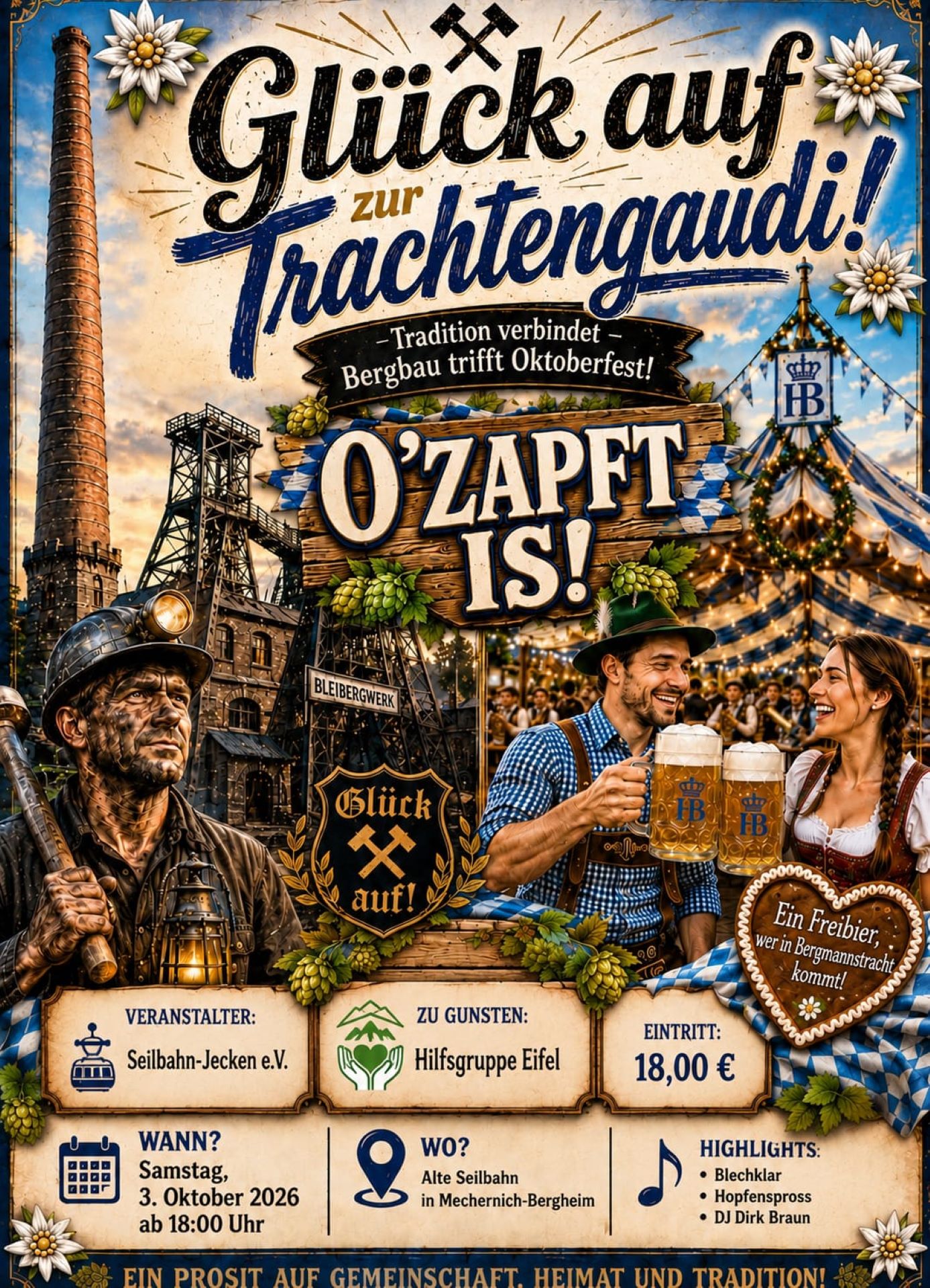 Verkleiden lohnt sich: Wer in Bergmannstracht erscheint, bekommt beim Oktoberfest in Bergheim von den Seilbahnjecken ein Freibier ausgegeben. (c) Grafik: Seilbahnjecken Bergheim/pp/Agentur ProfiPress