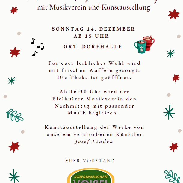 In der Voißeler Dorfhalle wird es am dritten Advent stimmungsvoll: Auf dem Programm steht unter anderem der Besuch des Musikvereins Bleibuir.