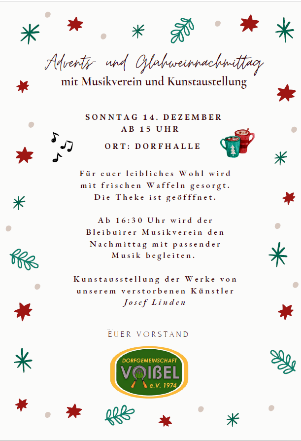 In der Voißeler Dorfhalle wird es am dritten Advent stimmungsvoll: Auf dem Programm steht unter anderem der Besuch des Musikvereins Bleibuir.