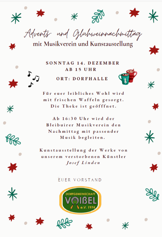 In der Voißeler Dorfhalle wird es am dritten Advent stimmungsvoll: Auf dem Programm steht unter anderem der Besuch des Musikvereins Bleibuir. (c) Gemeinde Voißel