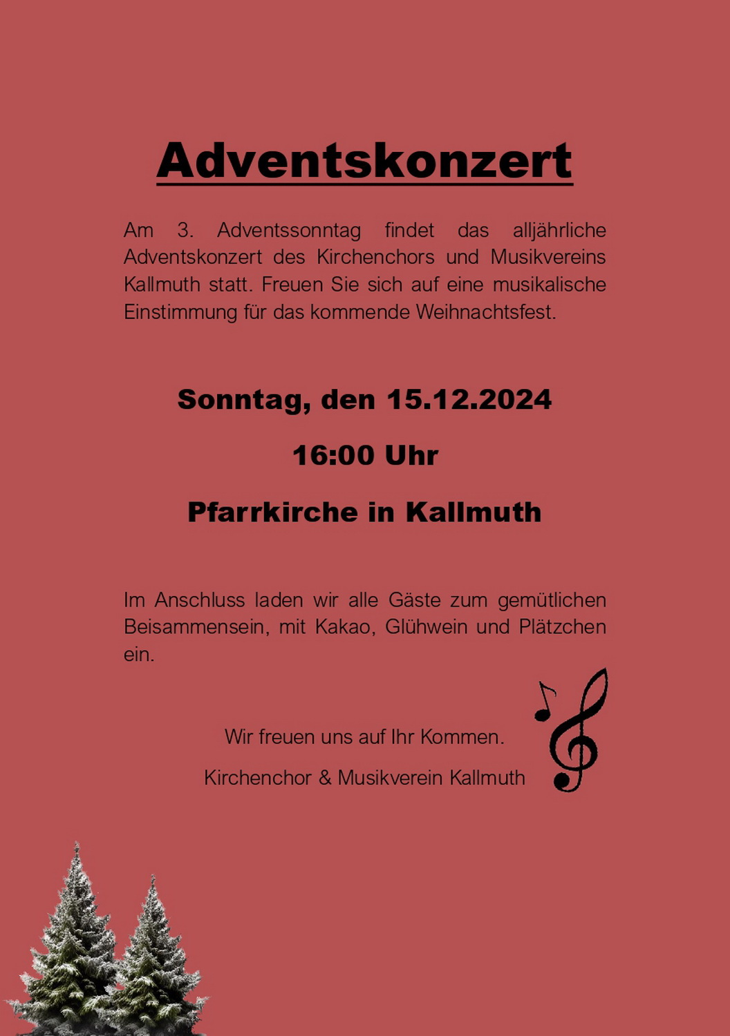 Mit diesem Plakat werben Musikverein und Kirchenchor Kallmuth für ihr gemeinschaftliches Adventskonzert. (c) Repro: Manfred Lang/pp/Agentur ProfiPress