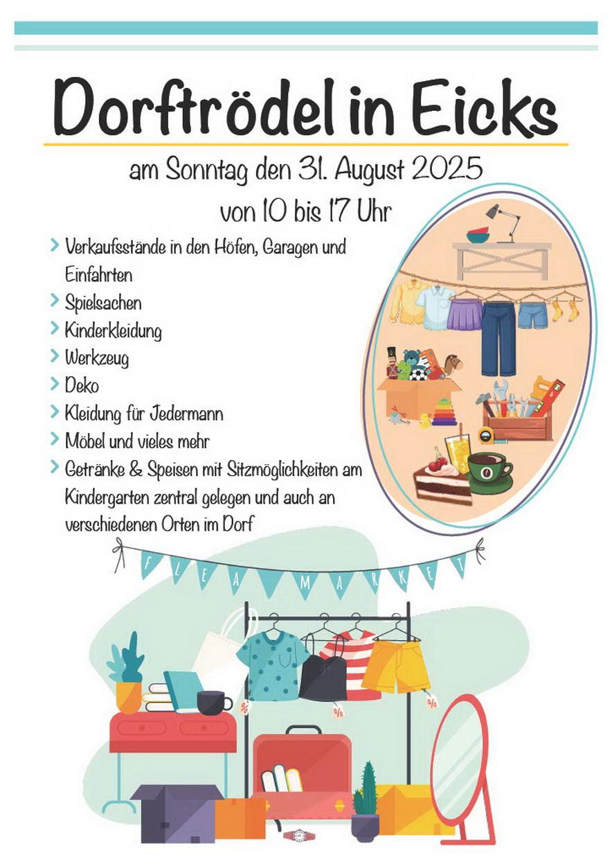 Mit diesem Plakat bewerben die Eickser ihren Dorftrödelmarkt am Sonntag, 31. August, von 10 bis 17 Uhr.