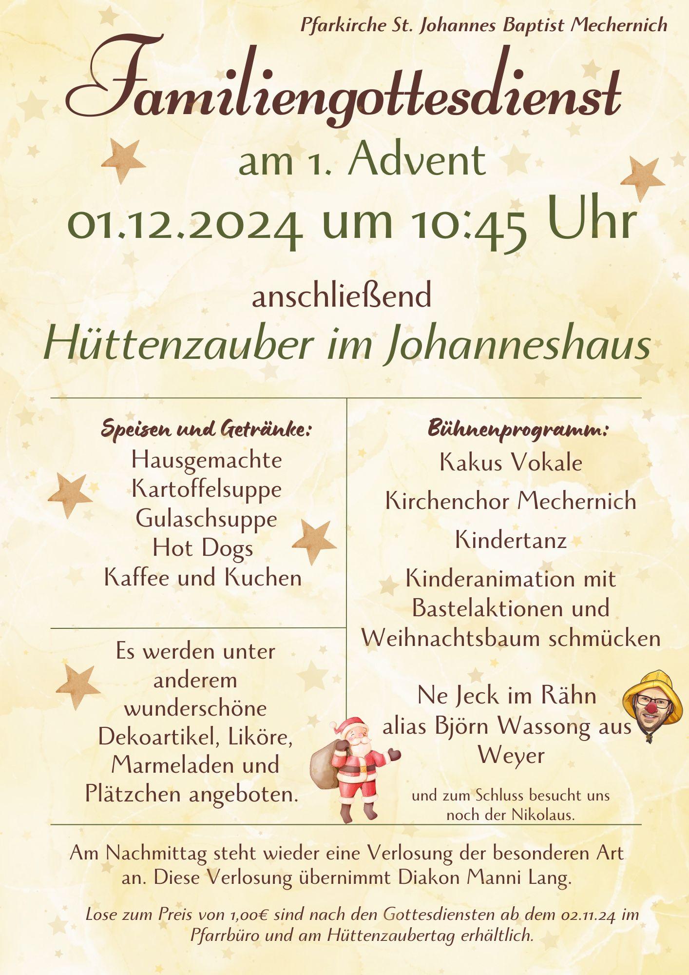 Plakat Hüttenzauber und Familiengottesdienst 1. Advent 2024