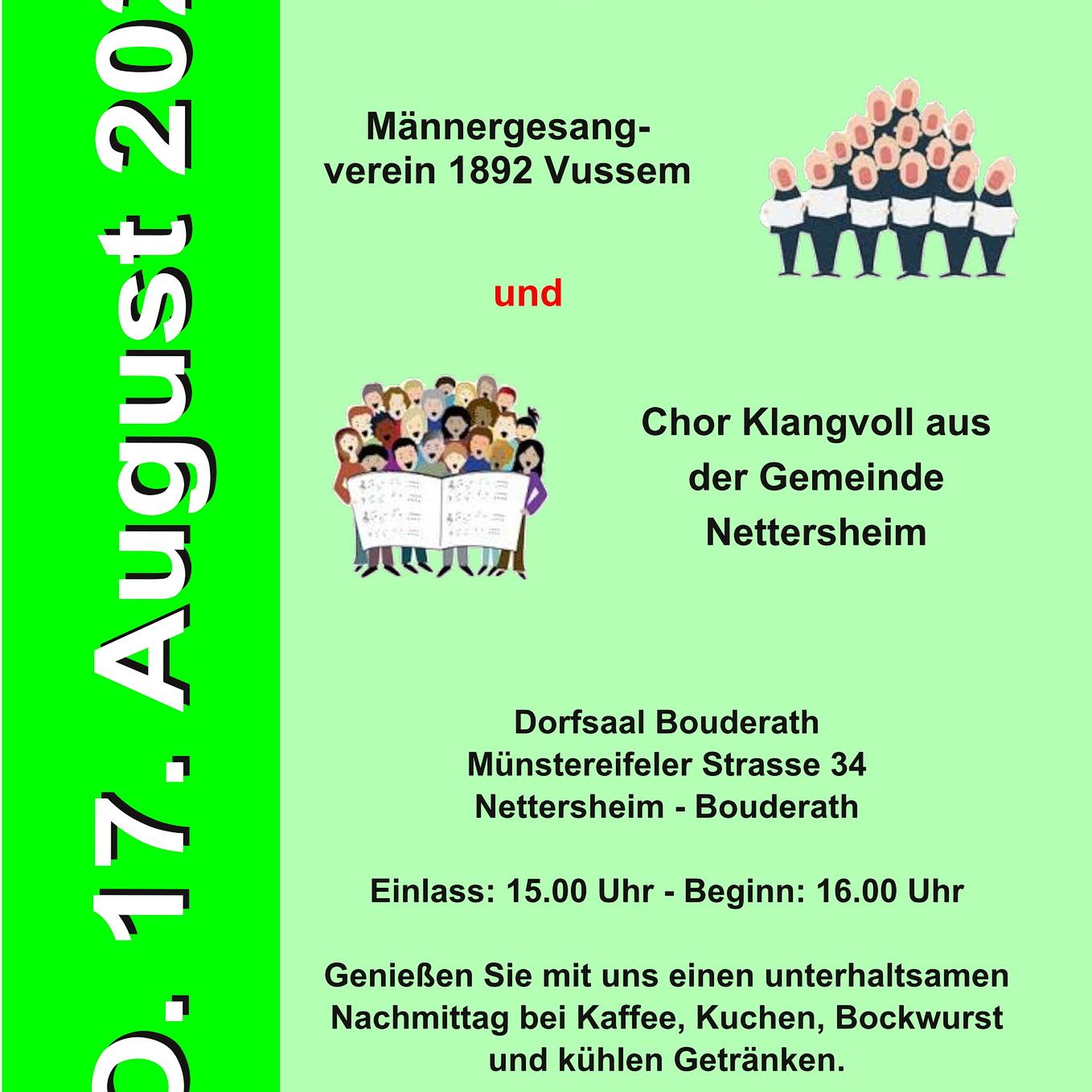 Mit diesem Plakat bewerben MGV Vussem und der Chor „Klangvoll“ ihr Gemeinschaftskonzert am Sonntag, 17. August, um 16 Uhr (Einlass zu Kaffee, Kuchen und Bockwurst ab 15 Uhr) im Bouderather Dorfsaal.