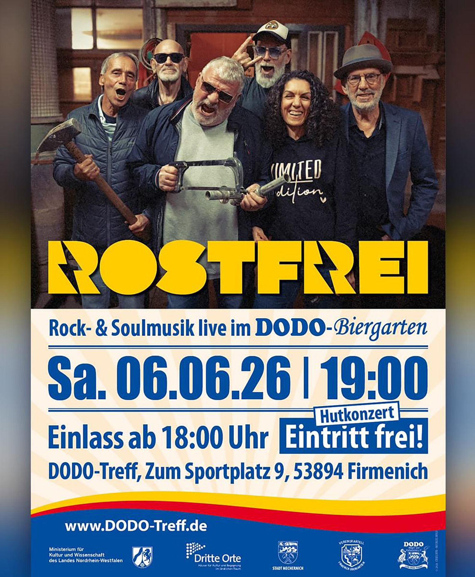 Mit diesem Plakat wirbt der DODO-Treff für viele Besucherinnen und Besucher beim kostenlosen „Rostfrei“-Konzert am 6. Juni. (c) Grafik: DODO-Treff/pp/Agentur ProfiPress