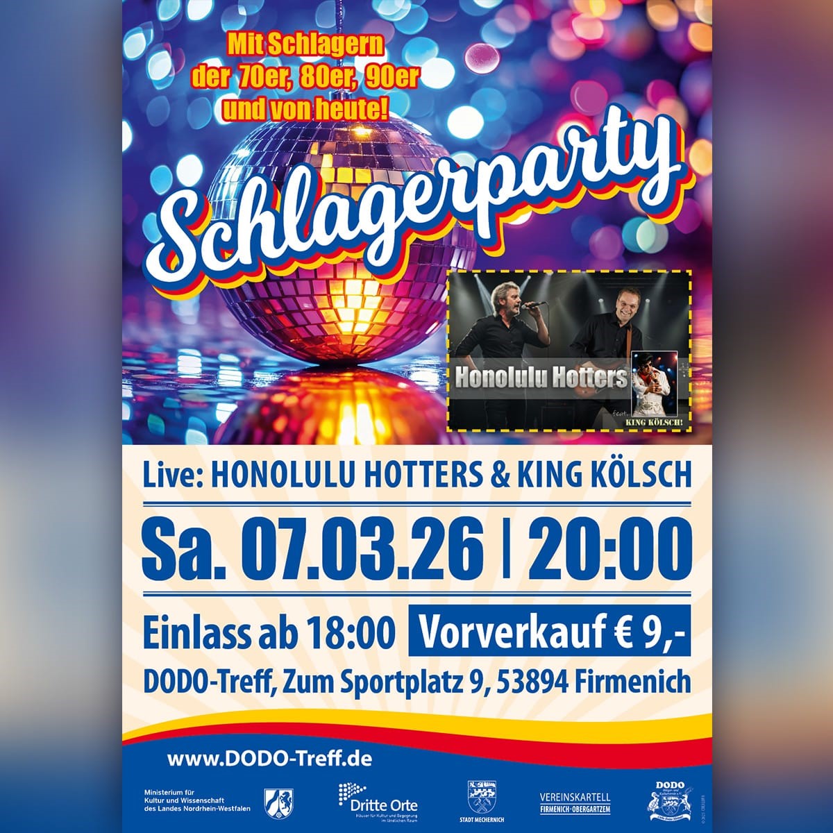 Livemusik, unter anderem von den „Honolulu Hotters“ gibt es bei der Schlagerparty im DODO-Treff. (c) Grafik: Michael Wandel/pp/Agentur ProfiPress