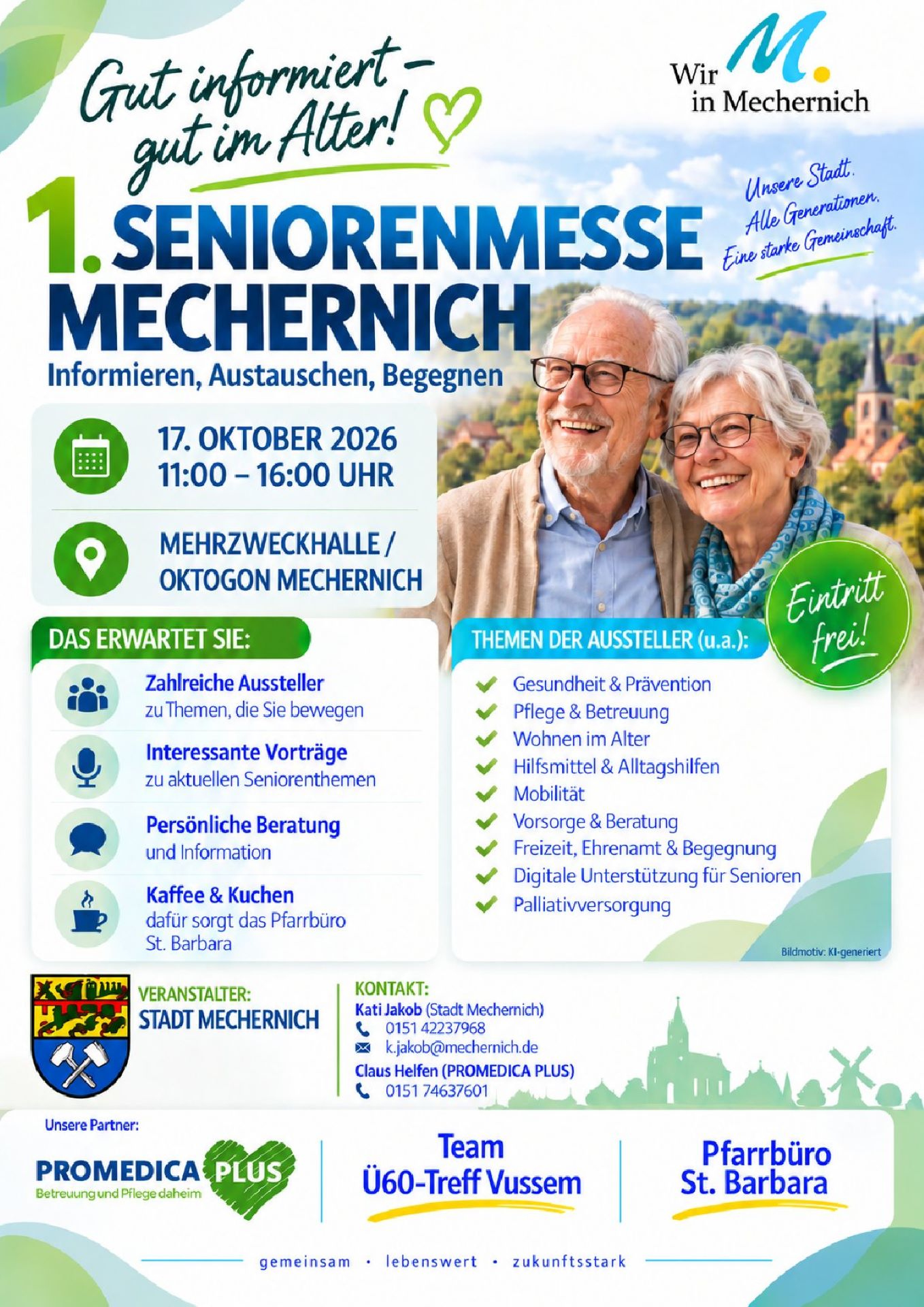 Caféteria, Vorträge und Infostände, unter anderem: Die Alzheimer Gesellschaft, das Kreiskrankenhaus Mechernich, die Parkinson-Gemeinschaft, PROMEDICA PLUS, die Caritas-Pflegestation, das Kreuserstift, das DRK und die Malteser. (c) Grafik: Stadt Mechernich/pp/Agentur ProfiPress