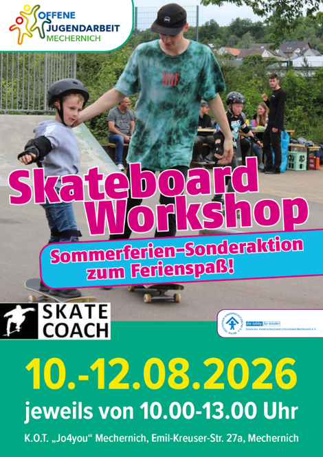 Unterstützt werden die jungen Skateboarder von erfahrenen Coaches der Kölner Skateboardschule „Skate-Coach“. Auf dem Programm stehen die Grundlagen des Skateboardfahrens, verschiedene Lenk- und Bremstechniken, richtiges Fallen sowie erste Tricks. (c) Grafik: K.O.T./pp/Agentur ProfiPress