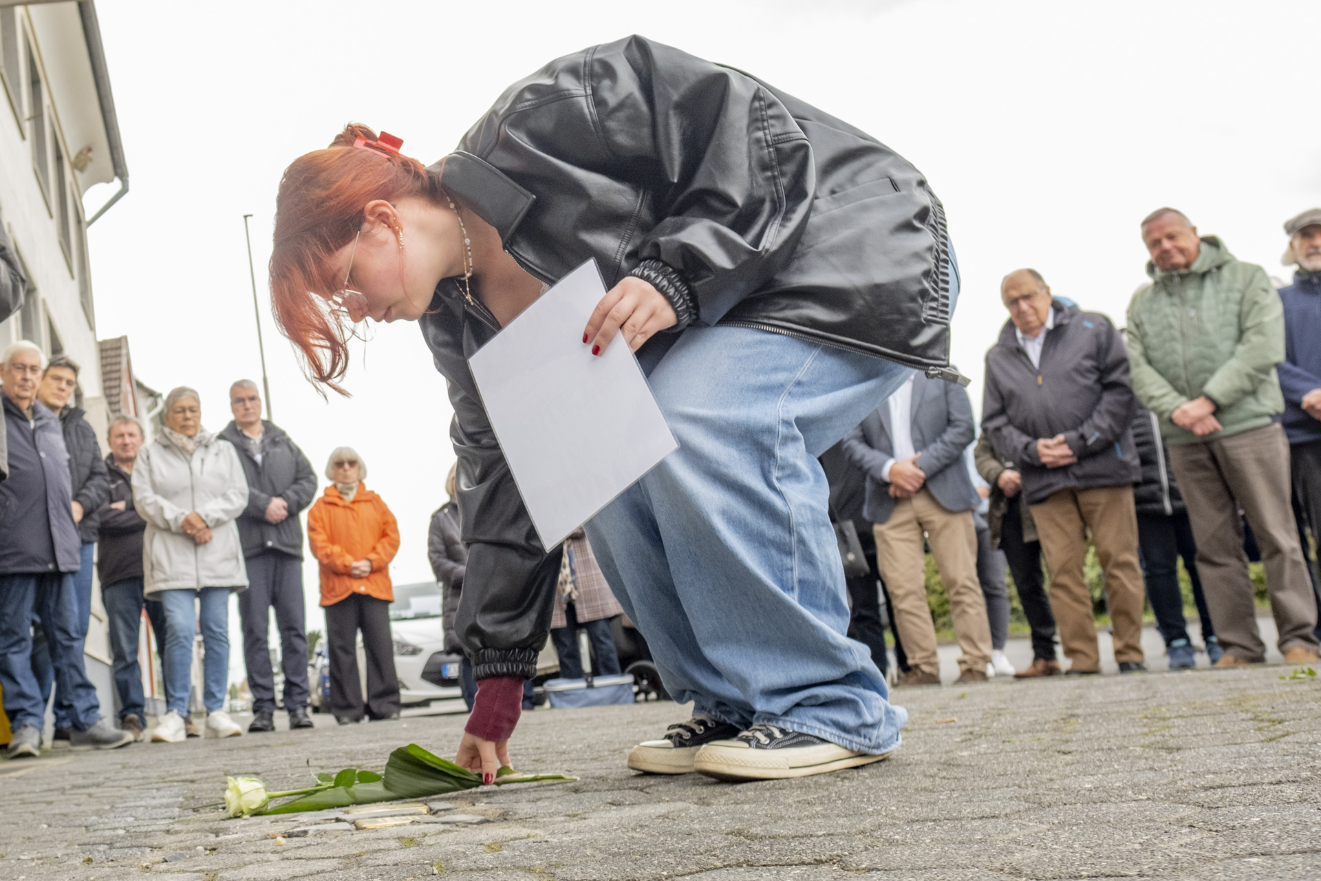 Eine Schülerin der Gesamtschule Mechernich legt eine Rose an die Stolpersteine von Dr. Robert und Bertha David, die in der Bahnstraße lebten. Insgesamt acht Gedenksteine wurden jetzt in Mechernich verlegt. Foto: Ronald Larmann/pp/Agentur ProfiPress (c) Foto: Ronald Larmann/pp/Agentur ProfiPress