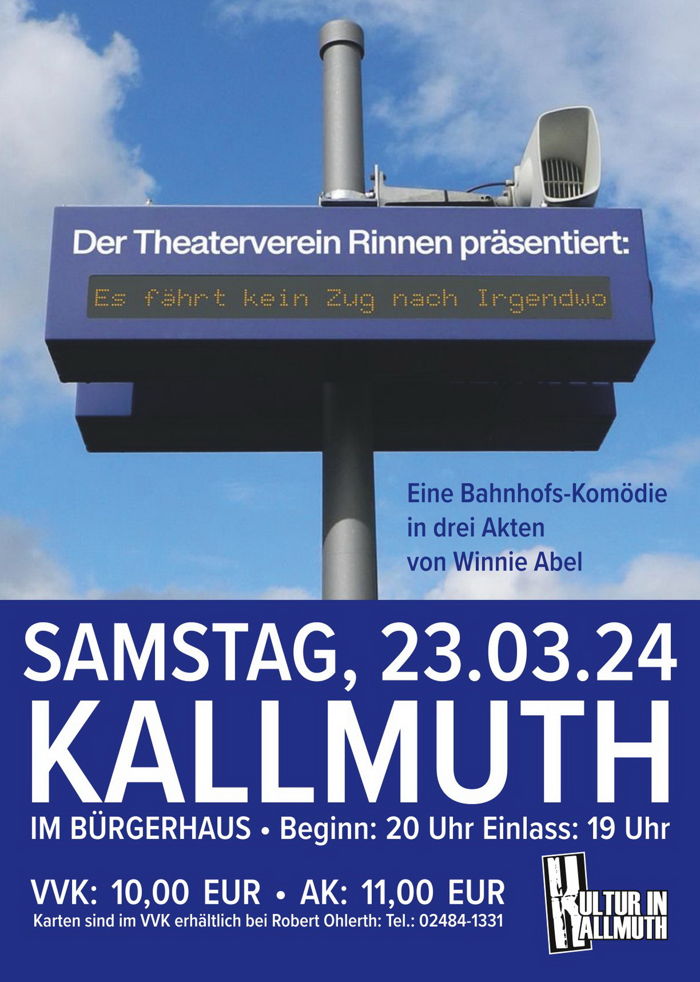 Bereits jetzt geht die Reihe „Kultur in Kallmuth“ in den Vorverkauf für eine Aufführung der Komödie „Es fährt ein Zug nach Irgendwo“ mit dem Theaterverein Rinnen am 23. März im Dorfgemeinschaftshaus „Alte Schule“. „Theaterkarten sind ein tolles Weihnachtsgeschenk“, wirbt Ortsbürgermeister und Kartellvorsitzender Robert Ohlerth. (c) Repro: Sabine Roggendorf/pp/Agentur ProfiPress