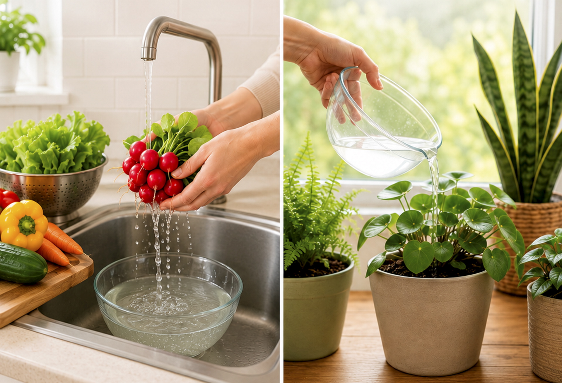 Einfache Wasserspartipps können leicht umgesetzt werden. Wer zum Beispiel das Waschwasser von Obst und Gemüse auffängt, kann es später zur Bewässerung von Pflanzen nutzen. (c) Foto: KI-generiert/ChatGPT/pp/Agentur ProfiPress