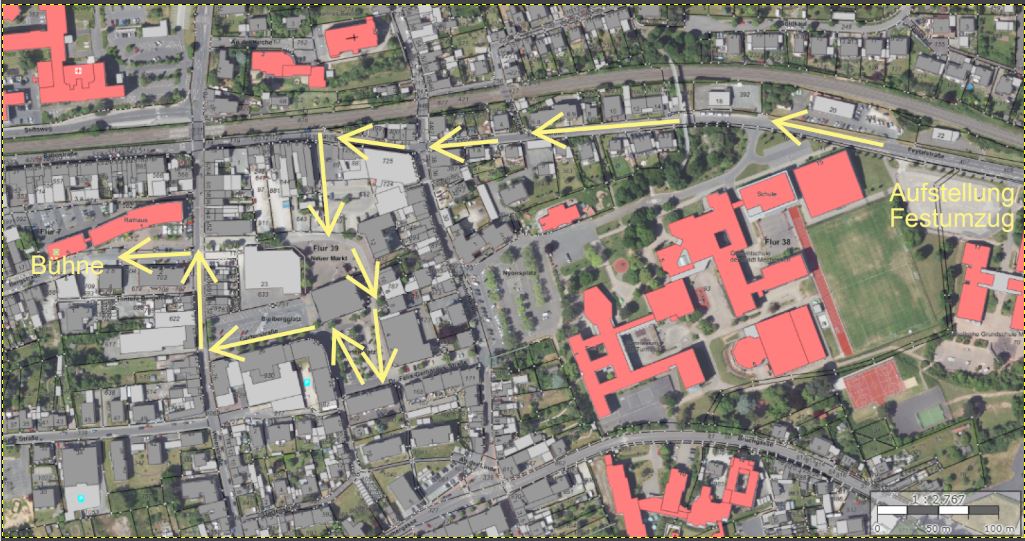 Vom Schulparkplatz bis zur Bühne vorm Rathaus: Beim Festumzug anlässlich des Stadt- und Brunnenfestes gehen laut Veranstalter rund 650 Personen aus ungefähr 40 Vereinen durch ihre Stadt Mechernich und repräsentieren so ihre verschiedenen Facetten. (c) Grafik: Stadt Mechernich/pp/Agentur ProfiPress