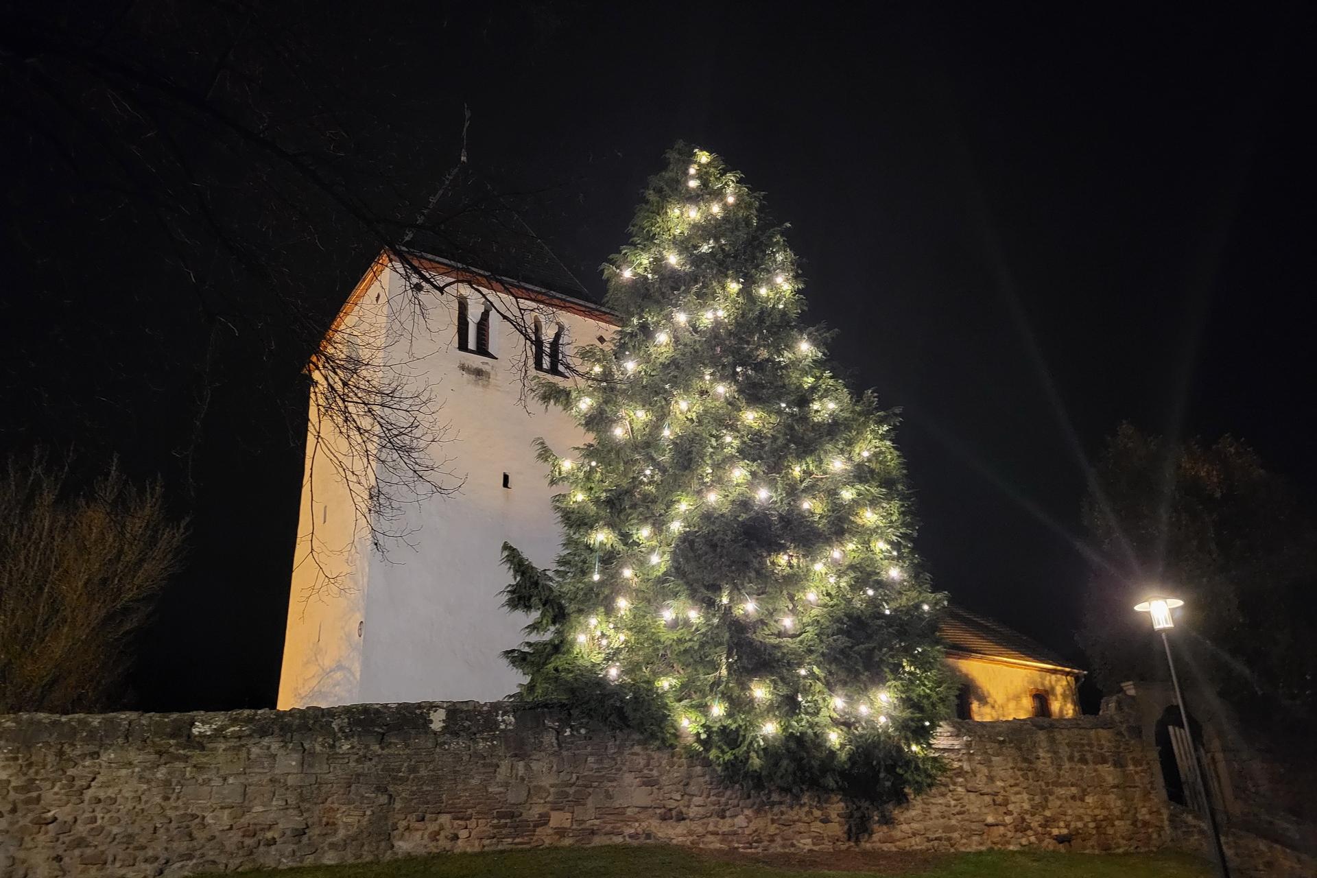 Über den Dächern von Mechernich lässt dieser naturgewachsene Tannenbaum an der Alten Kirche sein warmes Licht erstrahlen.